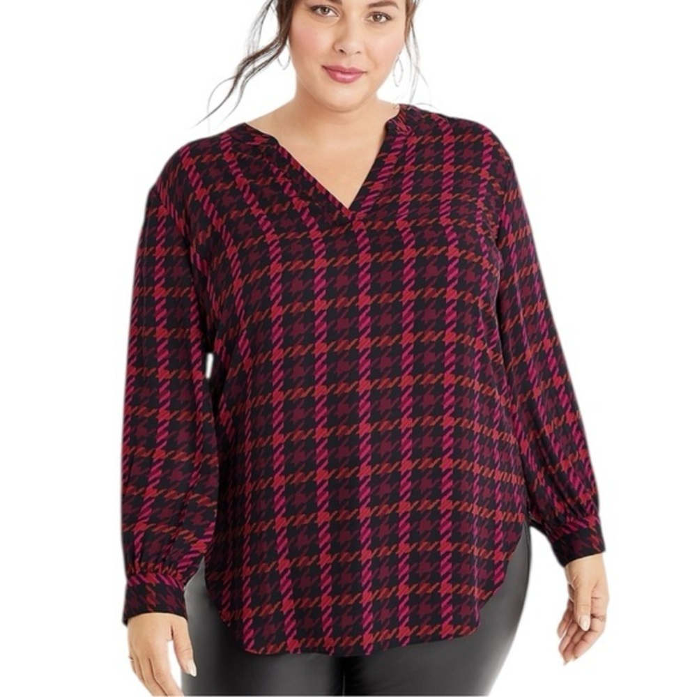 Maurices Tunic Blouse Womens L Pink Orange Black Houndstooth V-Neck